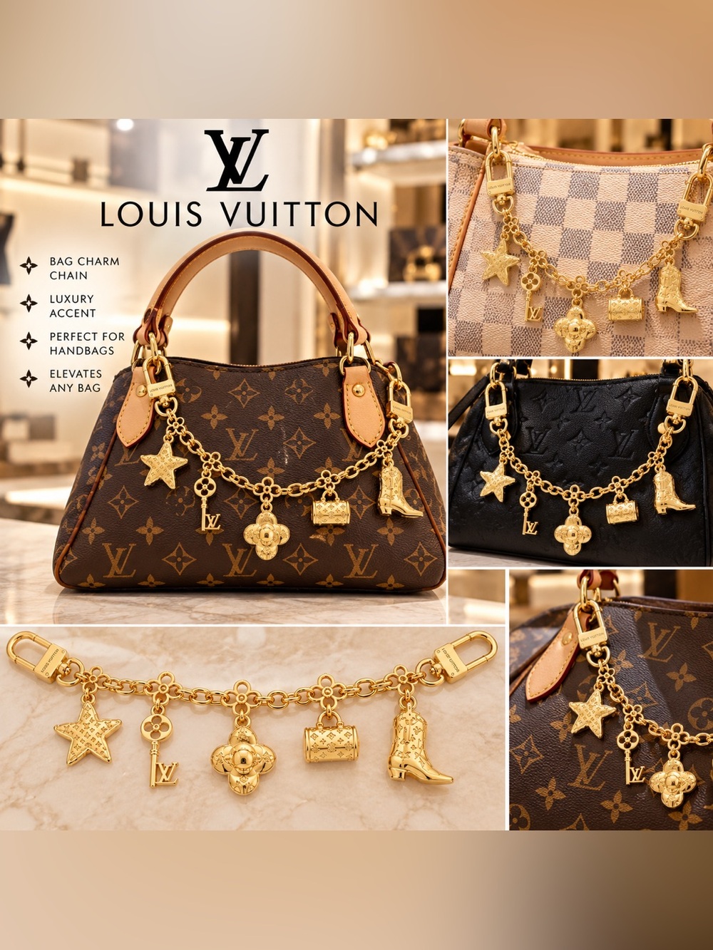 Gold-Tone Chain Bag Charm with Star, Bag & Boot